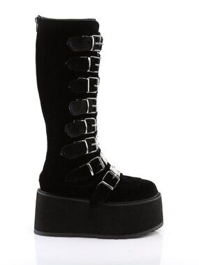 Black Velvet Platform Knee-High Boots with 8 Buckle Straps, Metal Plate Details